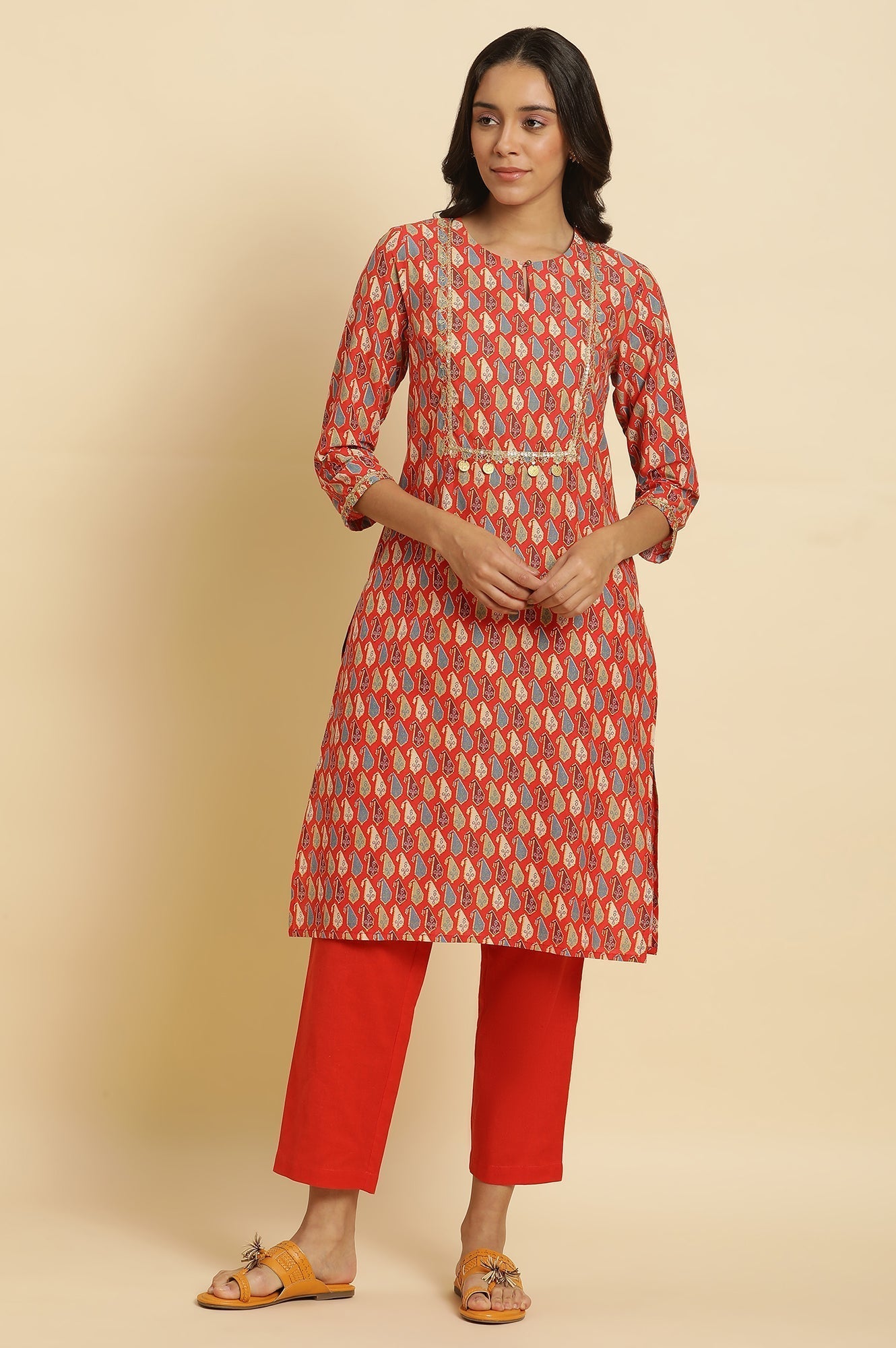 W for Woman Orange Chunki Dori Embroidered Kurta
