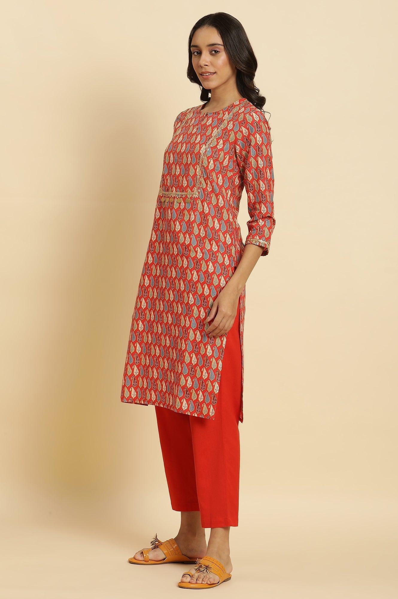 W for Woman Orange Chunki Dori Embroidered Kurta