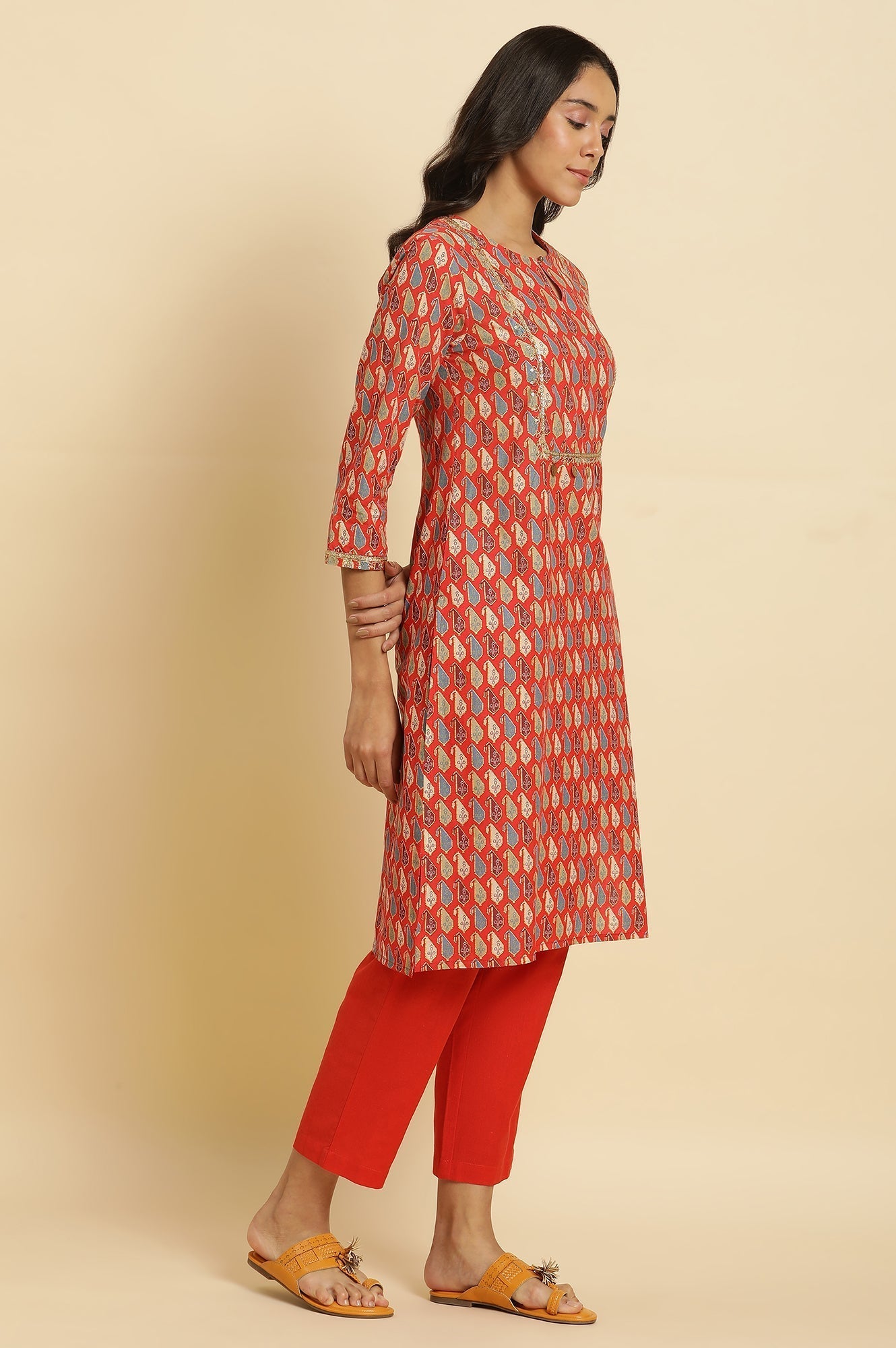 W for Woman Orange Chunki Dori Embroidered Kurta