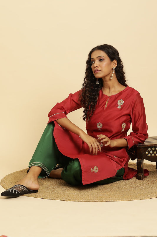 W for Woman Red Chanderi Straight Kurta with Dori Embroidery