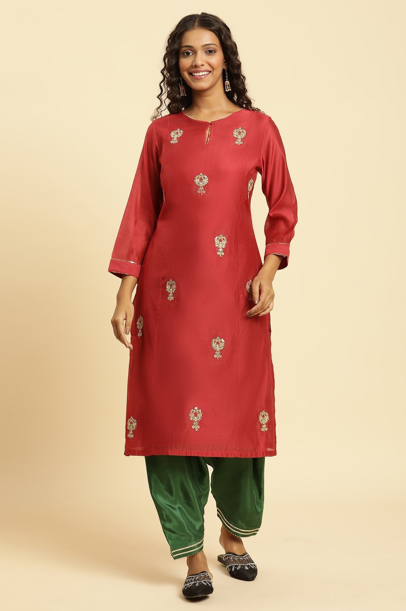 W for Woman Red Chanderi Straight Kurta with Dori Embroidery