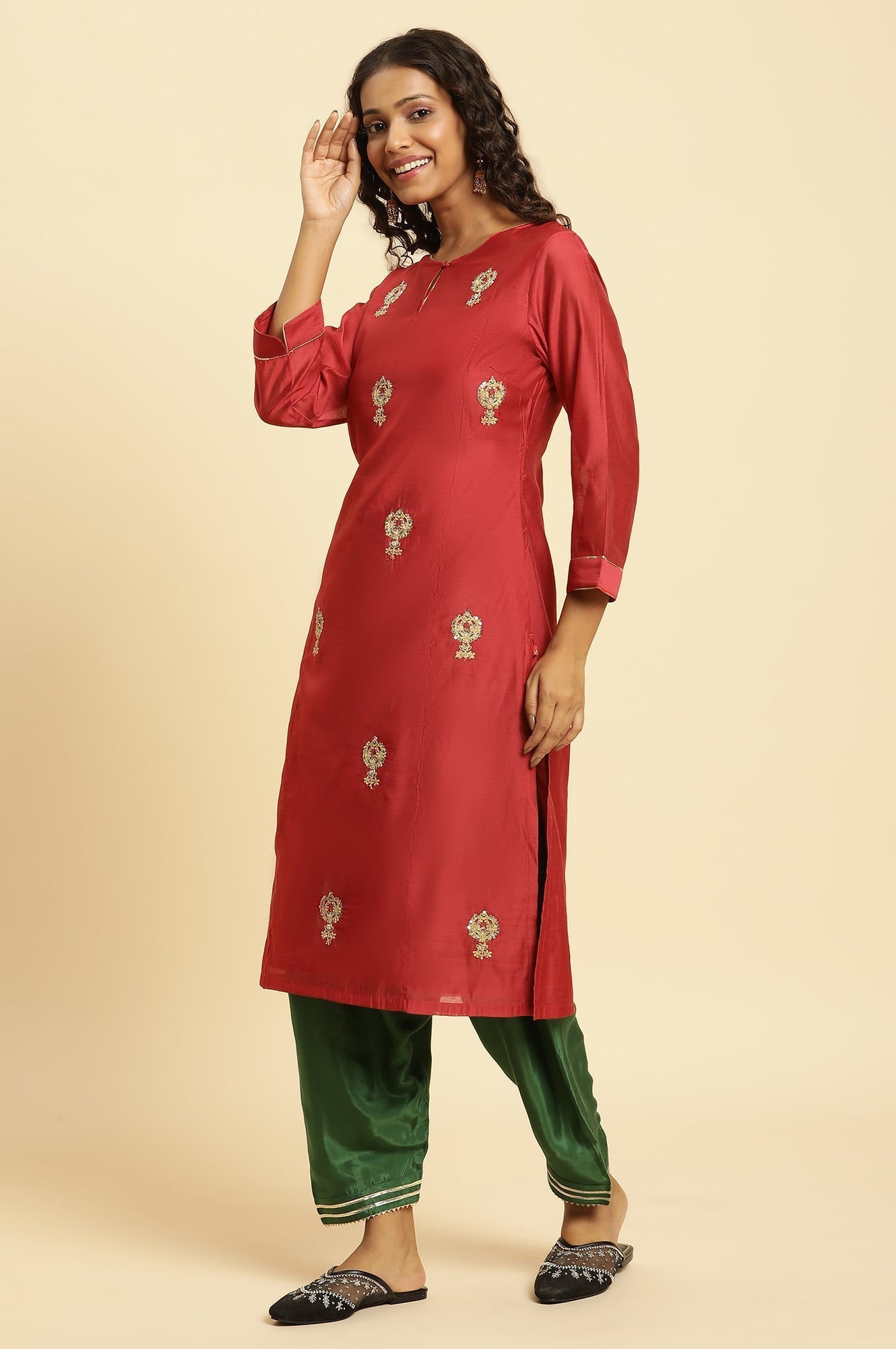 W for Woman Red Chanderi Straight Kurta with Dori Embroidery