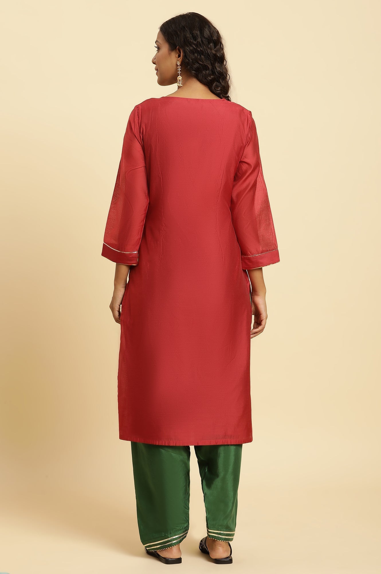 W for Woman Red Chanderi Straight Kurta with Dori Embroidery
