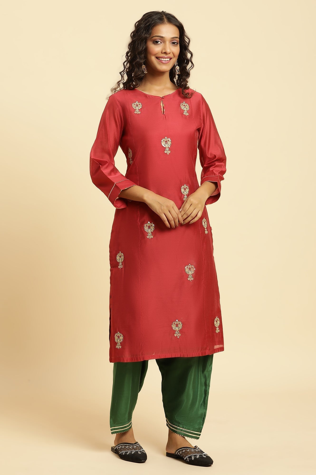 W for Woman Red Chanderi Straight Kurta with Dori Embroidery