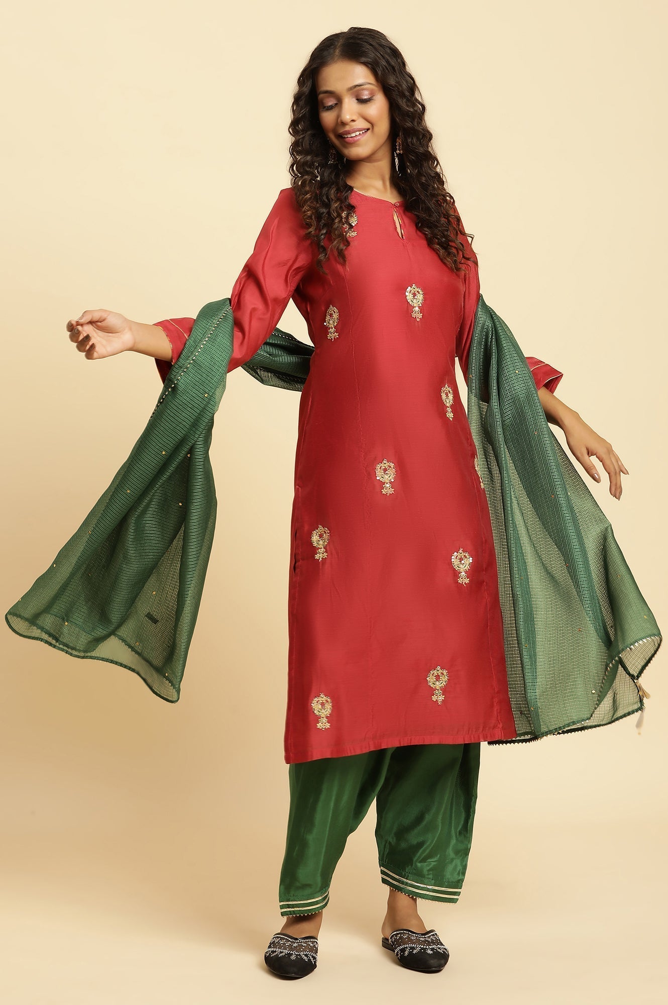 W for Woman Red Chanderi Straight Kurta with Dori Embroidery