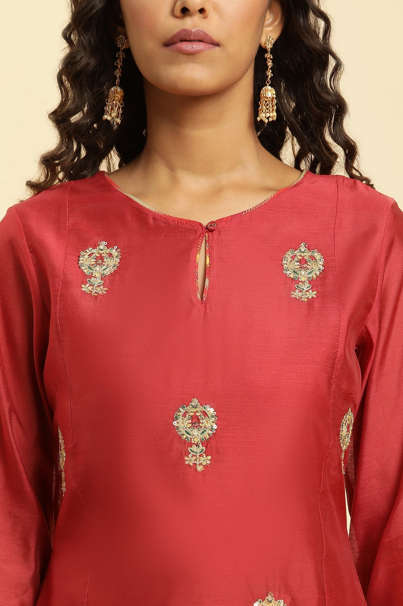 W for Woman Red Chanderi Straight Kurta with Dori Embroidery