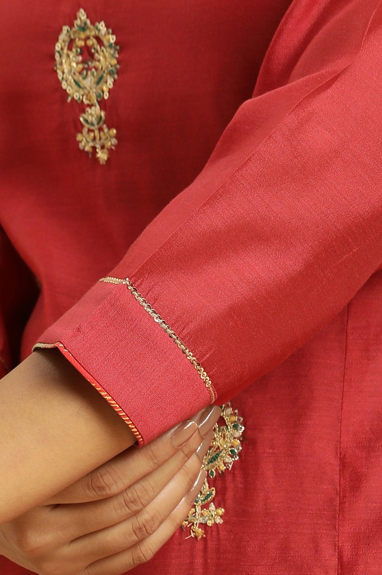 W for Woman Red Chanderi Straight Kurta With Dori Embroidery