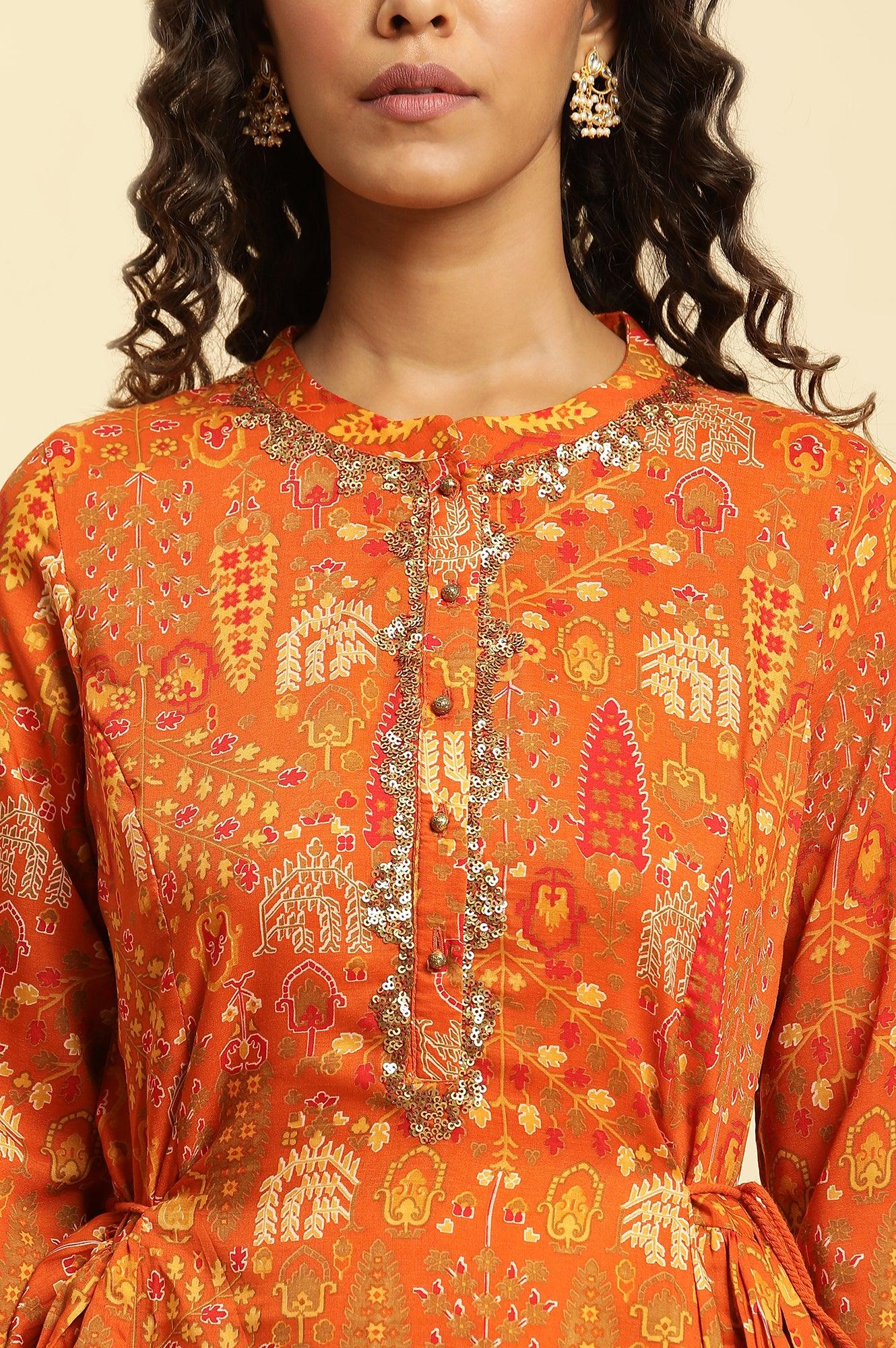 W for Woman Orange Printed Festive A-Line Kurta