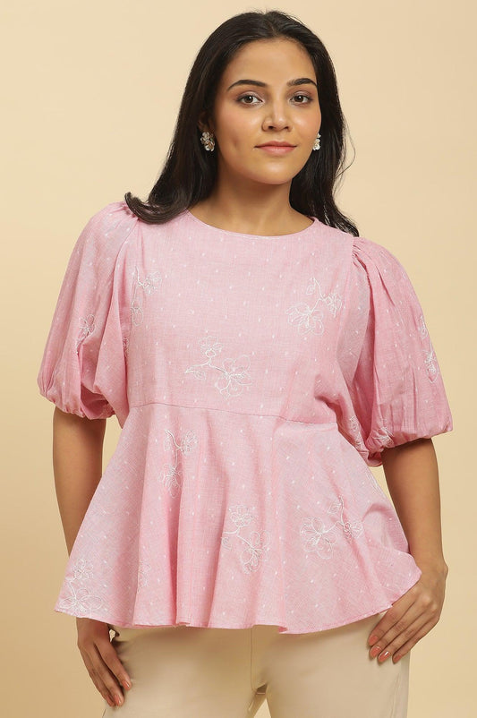 W for Woman Pink Embroidered Western Peplum Top