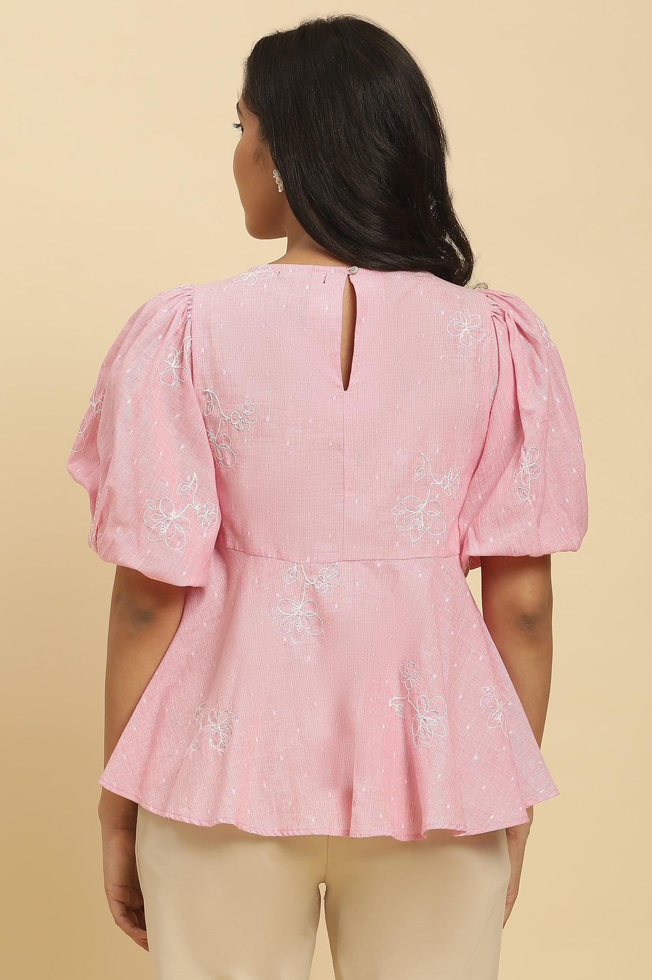 W for Woman Pink Embroidered Western Peplum Top