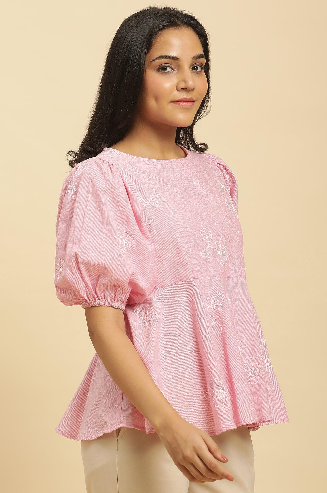 W for Woman Pink Embroidered Western Peplum Top