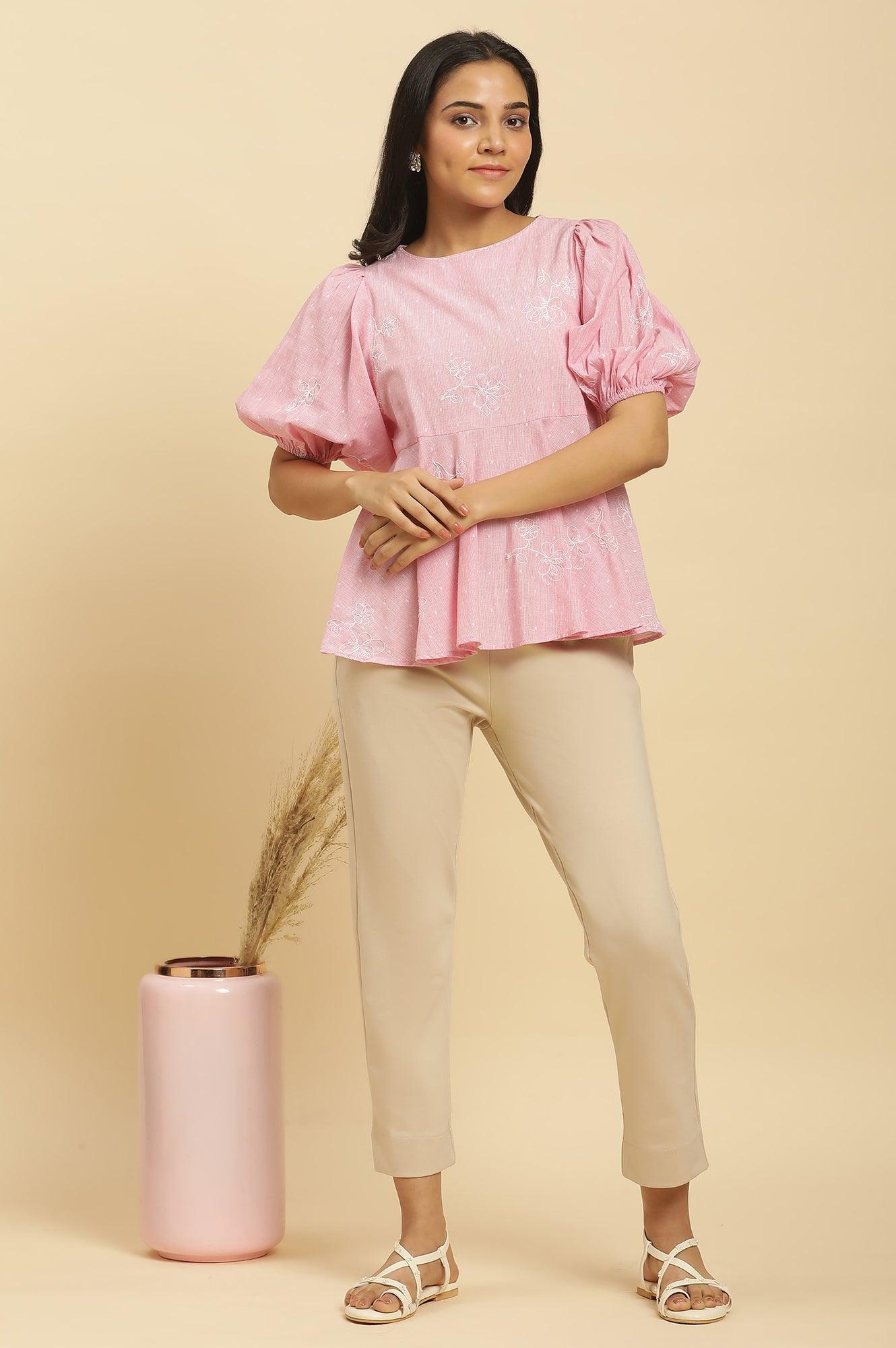 W for Woman Pink Embroidered Western Peplum Top