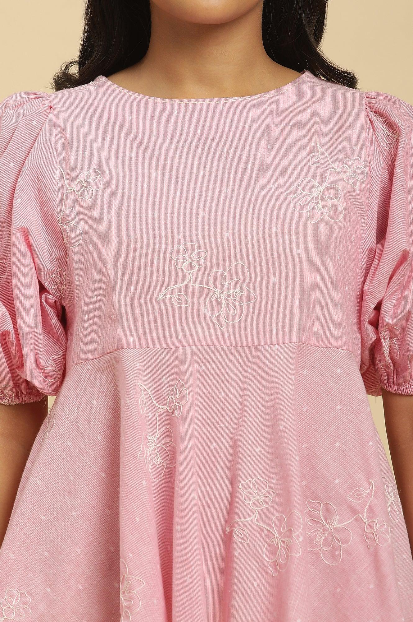 W for Woman Pink Embroidered Western Peplum Top