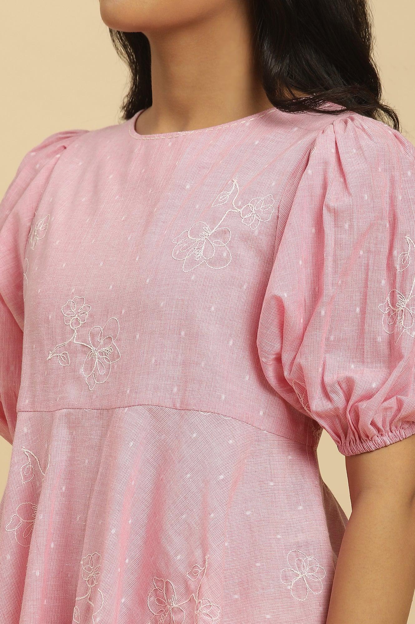 W for Woman Pink Embroidered Western Peplum Top
