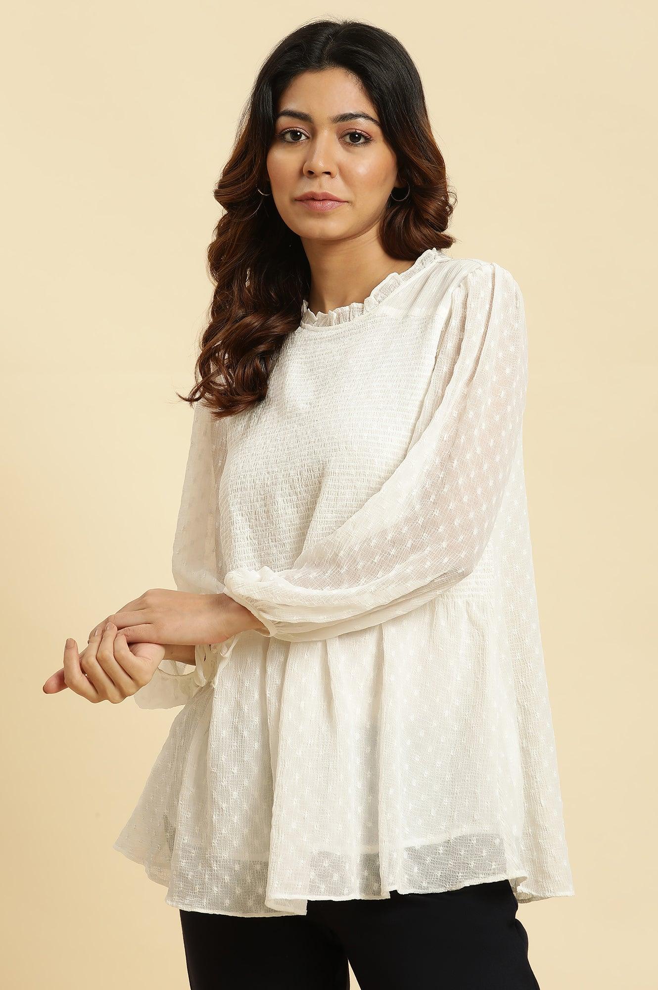 W for Woman White Socking Chiffon Swiss Dot Western Top  Grab2Buy WforWoman Grab2Buy