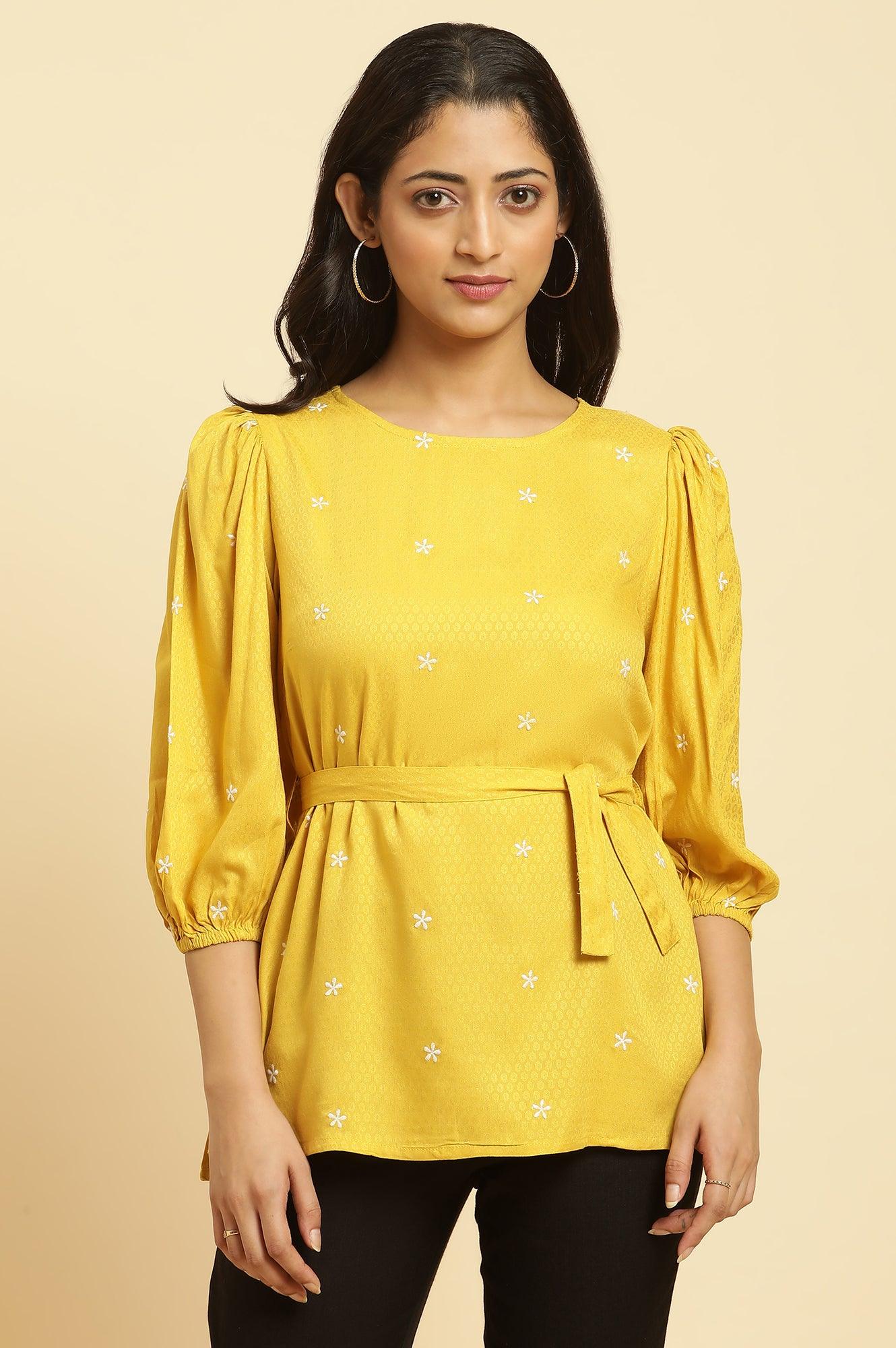 W for Woman Yellow Minimal Embroidered Western Top With Belt  Grab2Buy WforWoman Grab2Buy