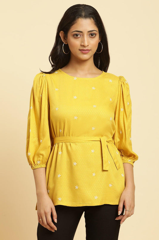 W for Woman Yellow Minimal Embroidered Western Top With Belt  Grab2Buy WforWoman Grab2Buy