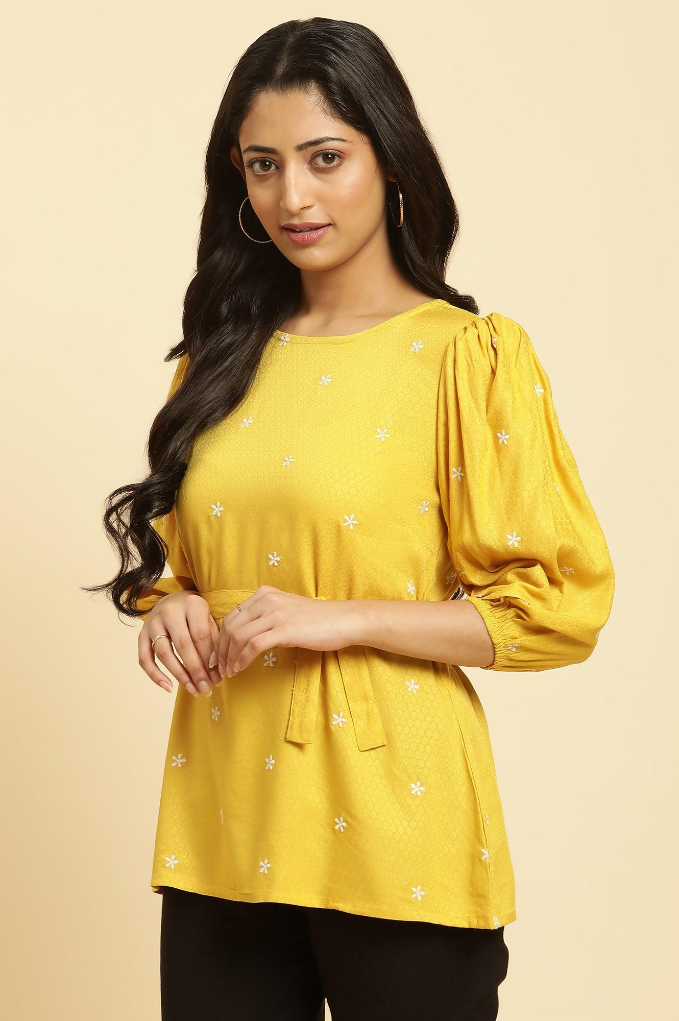 W for Woman Yellow Minimal Embroidered Western Top With Belt  Grab2Buy WforWoman Grab2Buy