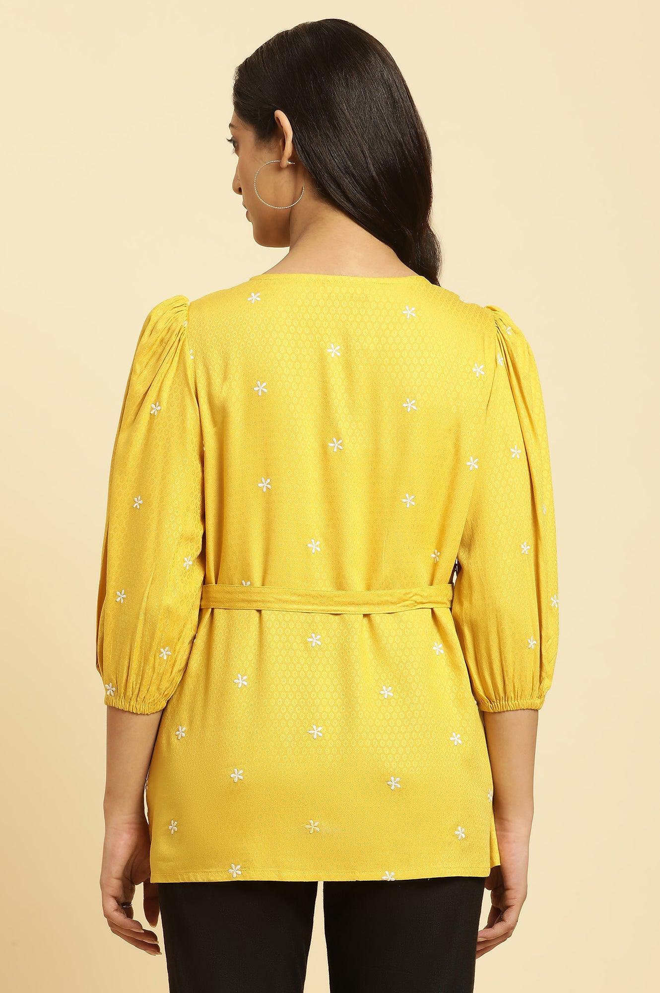 W for Woman Yellow Minimal Embroidered Western Top With Belt  Grab2Buy WforWoman Grab2Buy