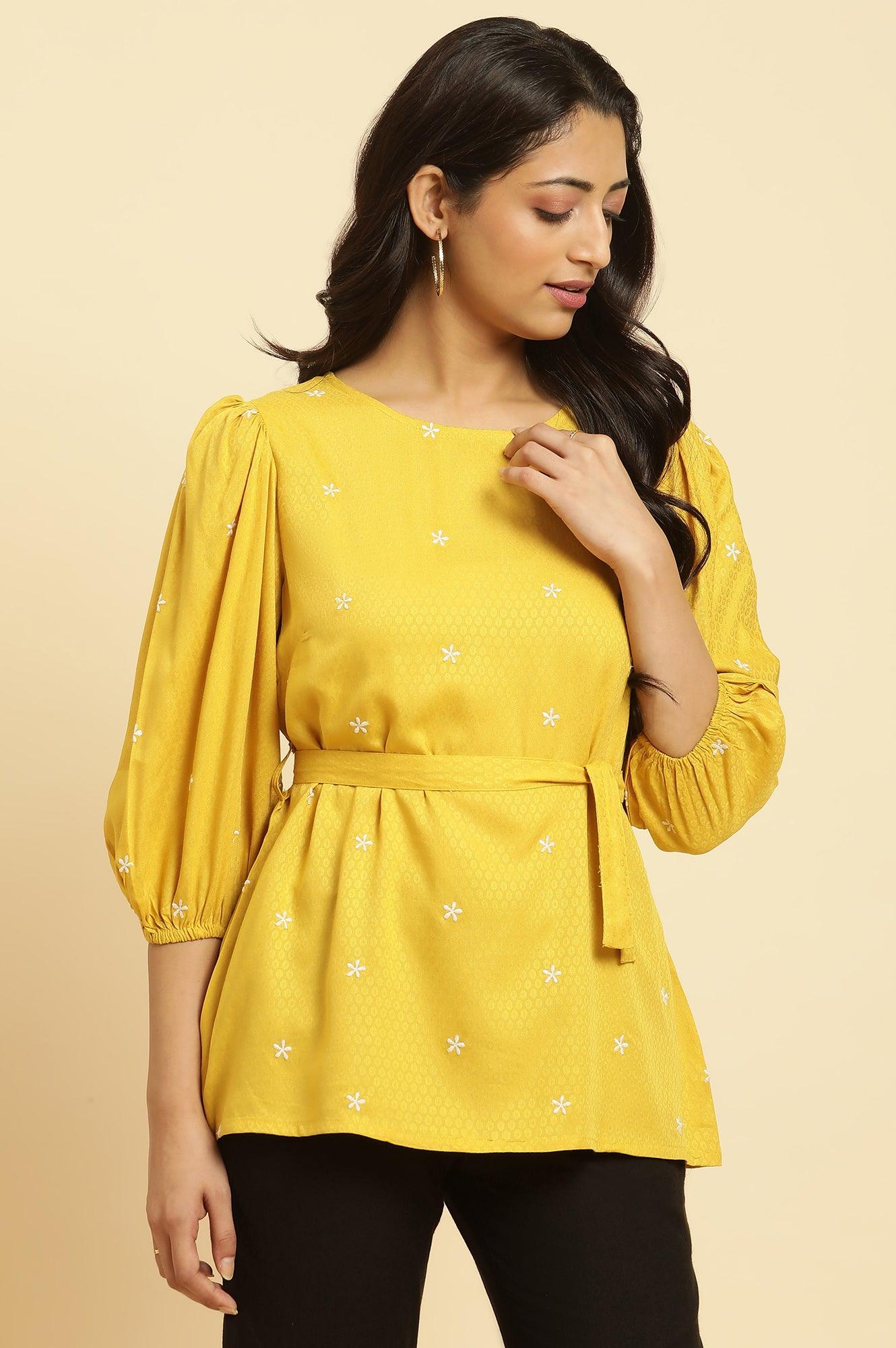 W for Woman Yellow Minimal Embroidered Western Top With Belt  Grab2Buy WforWoman Grab2Buy