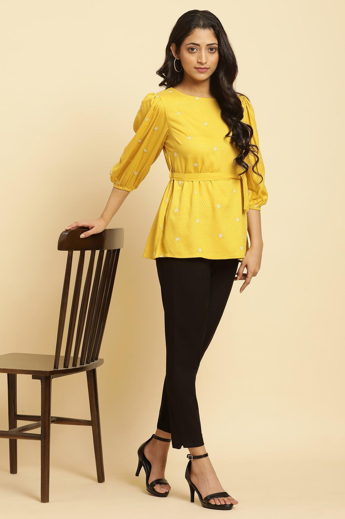 W for Woman Yellow Minimal Embroidered Western Top With Belt  Grab2Buy WforWoman Grab2Buy