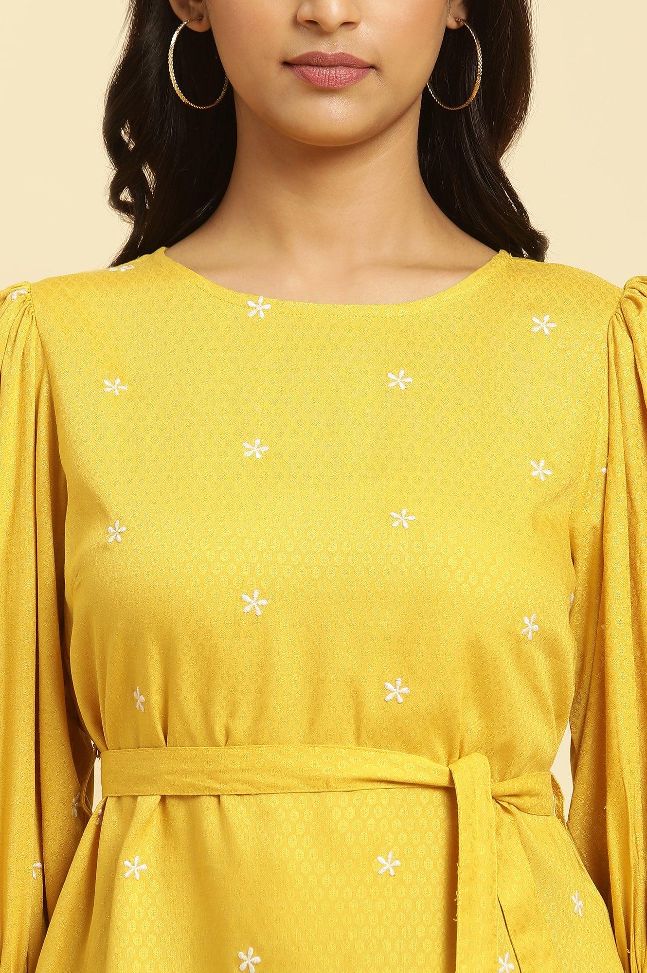 W for Woman Yellow Minimal Embroidered Western Top With Belt  Grab2Buy WforWoman Grab2Buy