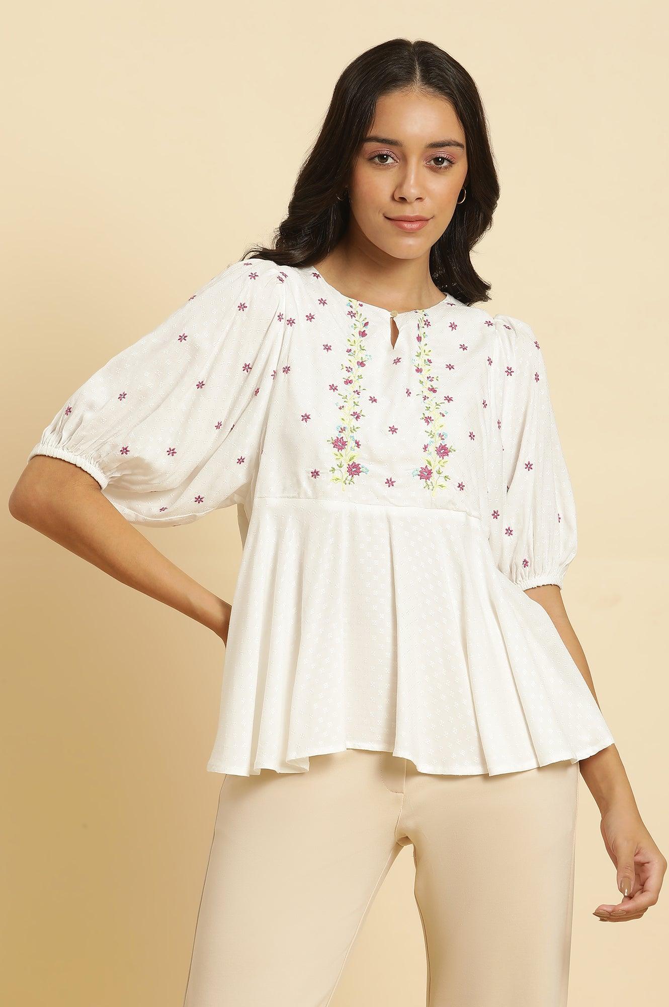 W for Woman White Peplum Cotton Top with Embroidered Yoke  Grab2Buy WforWoman Grab2Buy
