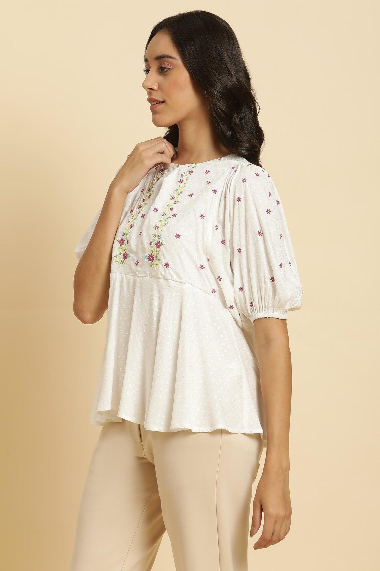 W for Woman White Peplum Cotton Top with Embroidered Yoke  Grab2Buy WforWoman Grab2Buy