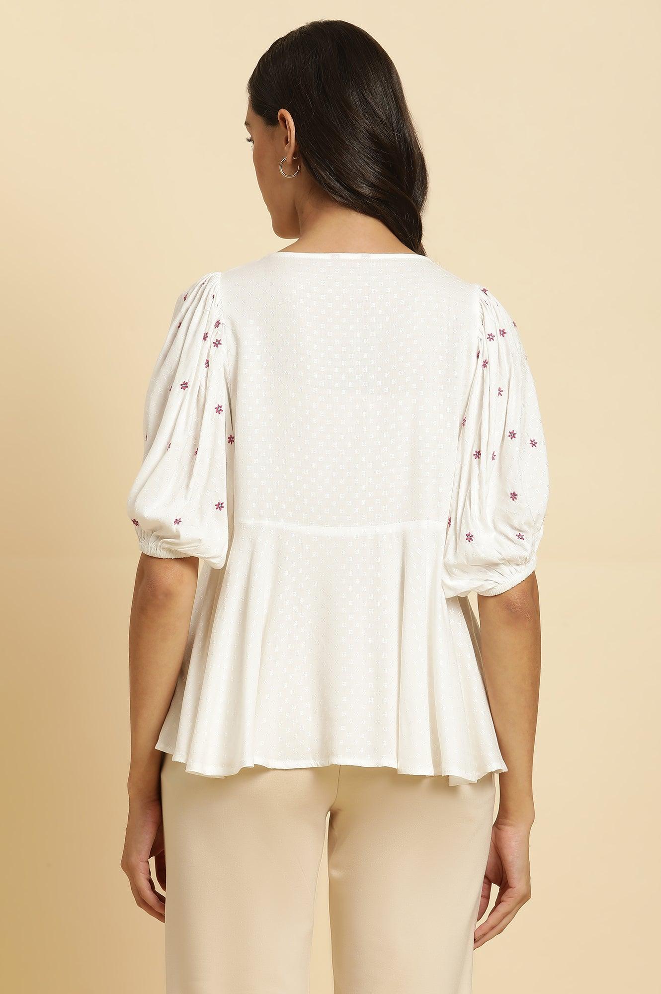 W for Woman White Peplum Cotton Top with Embroidered Yoke  Grab2Buy WforWoman Grab2Buy