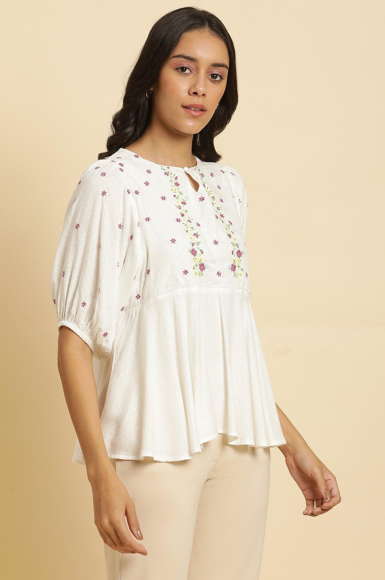 W for Woman White Peplum Cotton Top with Embroidered Yoke  Grab2Buy WforWoman Grab2Buy