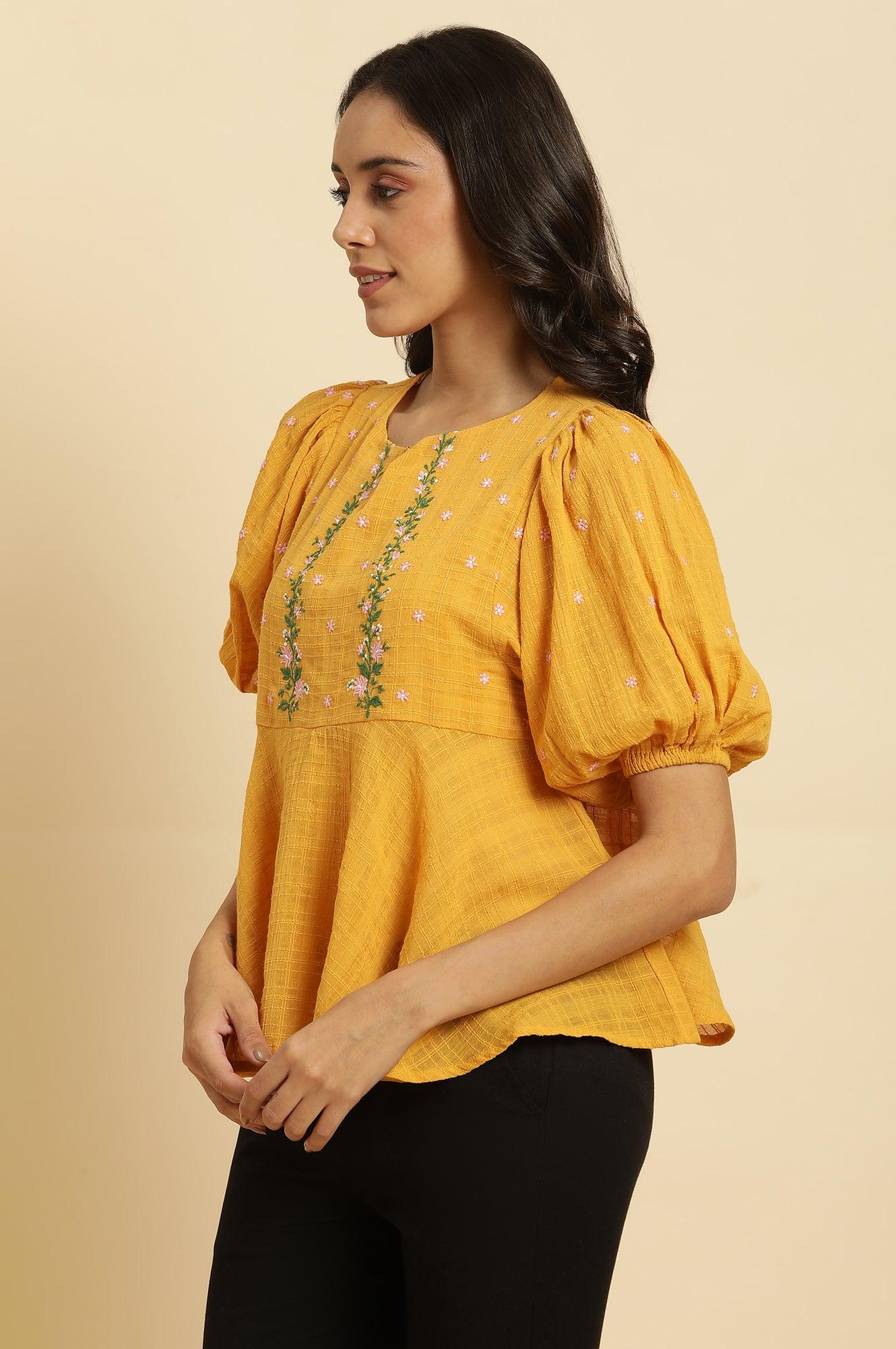 W for Woman Yellow Peplum Top With Embroidered Yoke  Grab2Buy WforWoman Grab2Buy