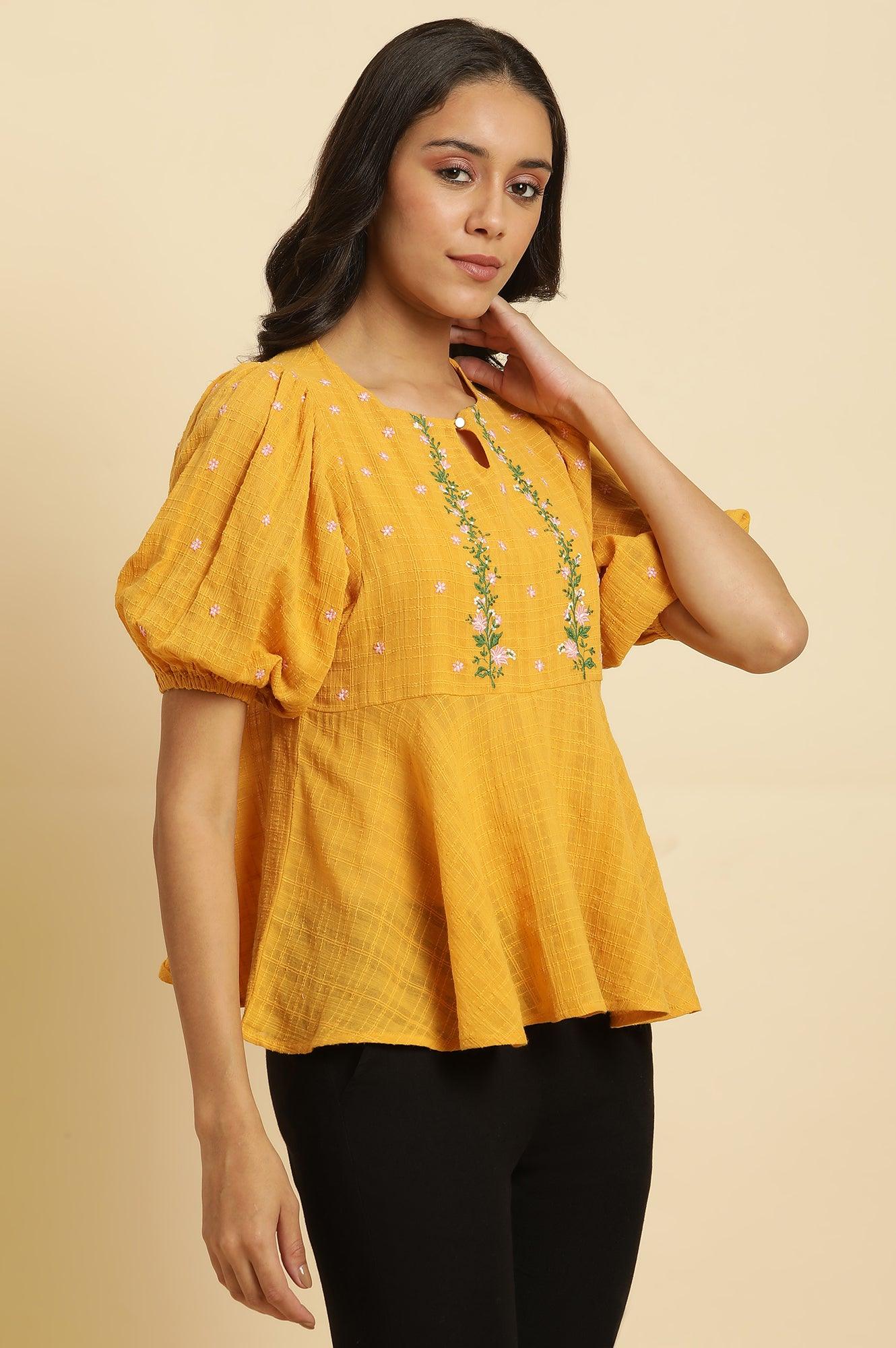 W for Woman Yellow Peplum Top With Embroidered Yoke  Grab2Buy WforWoman Grab2Buy