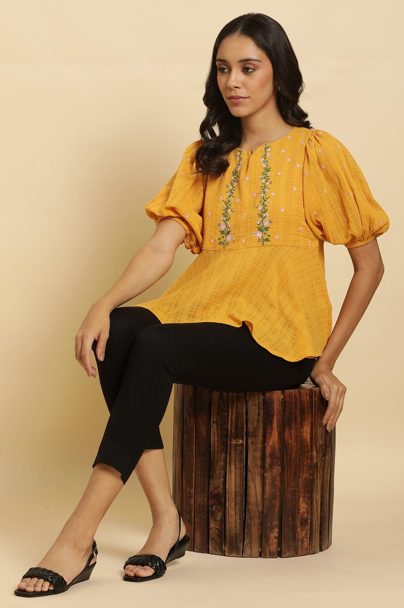 W for Woman Yellow Peplum Top With Embroidered Yoke  Grab2Buy WforWoman Grab2Buy