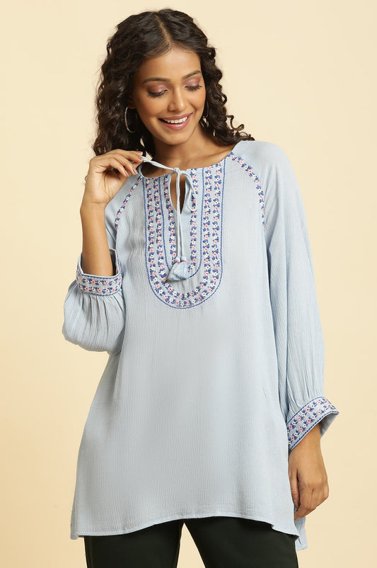 W for Woman Powder Blue Embroidered Yoke Rayon Crepe Straight Top