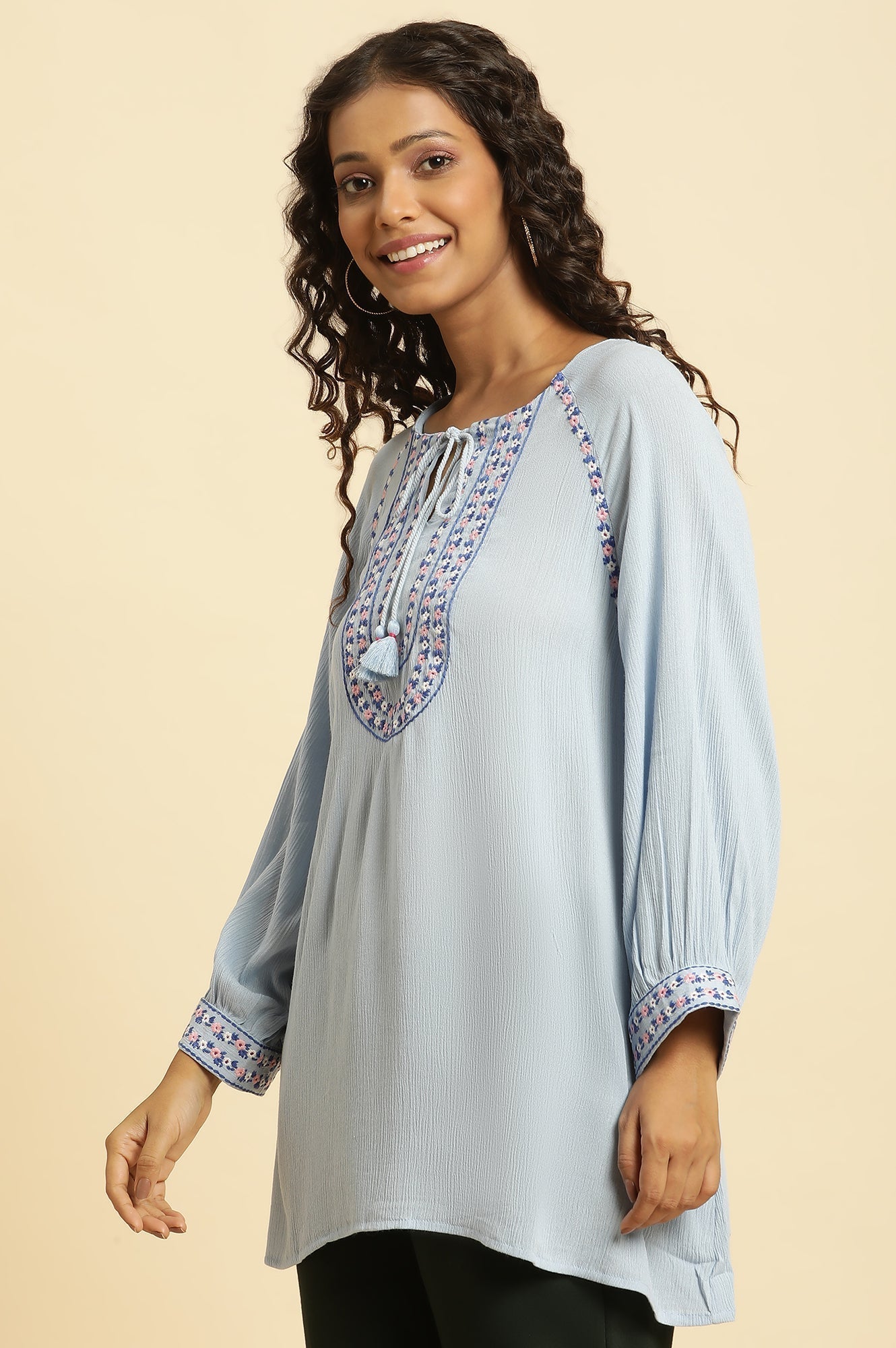 W for Woman Powder Blue Embroidered Yoke Rayon Crepe Straight Top