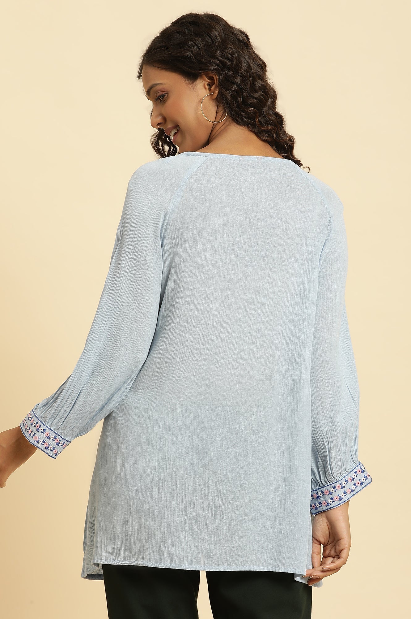W for Woman Powder Blue Top With Embroidered Yoke