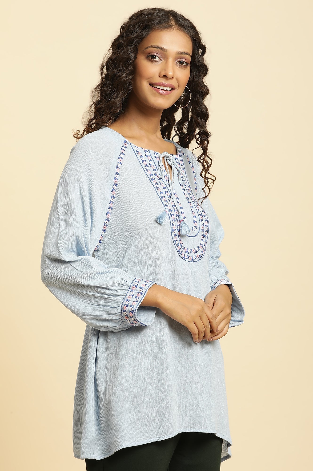 W for Woman Powder Blue Top With Embroidered Yoke