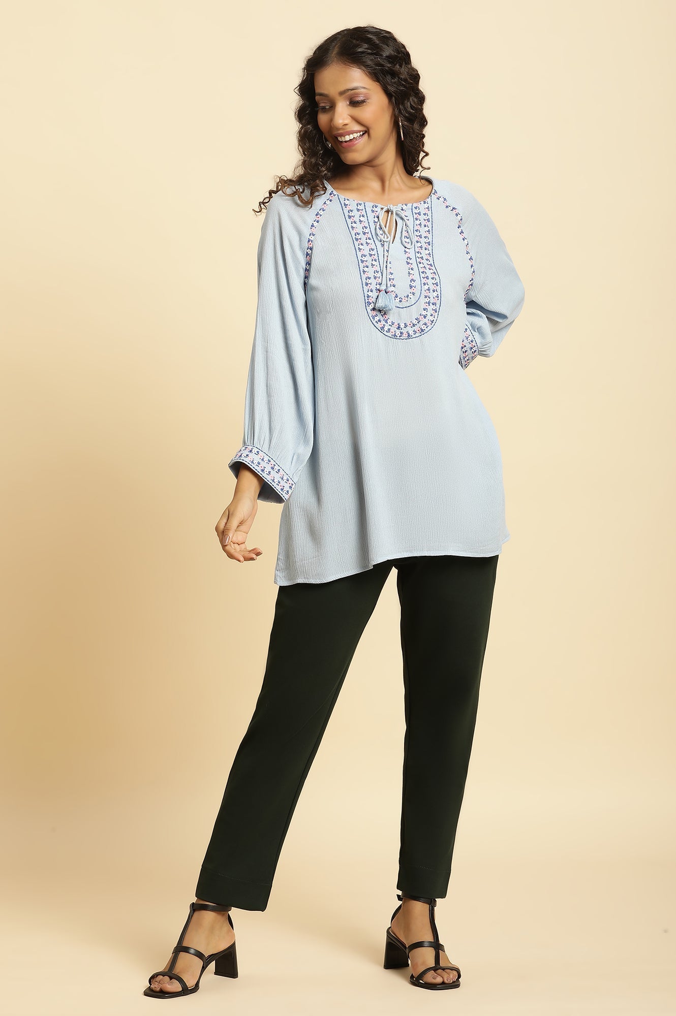 W for Woman Powder Blue Embroidered Yoke Rayon Crepe Straight Top