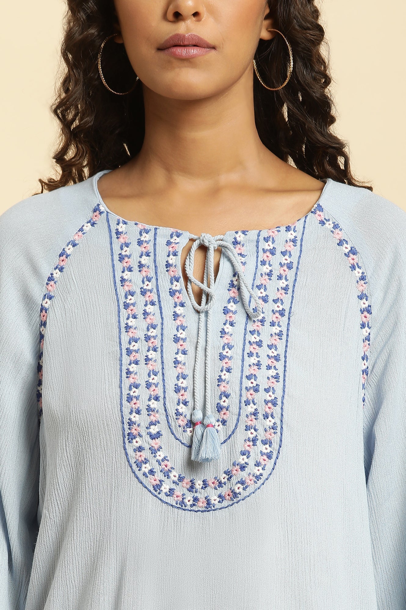 W for Woman Powder Blue Top With Embroidered Yoke