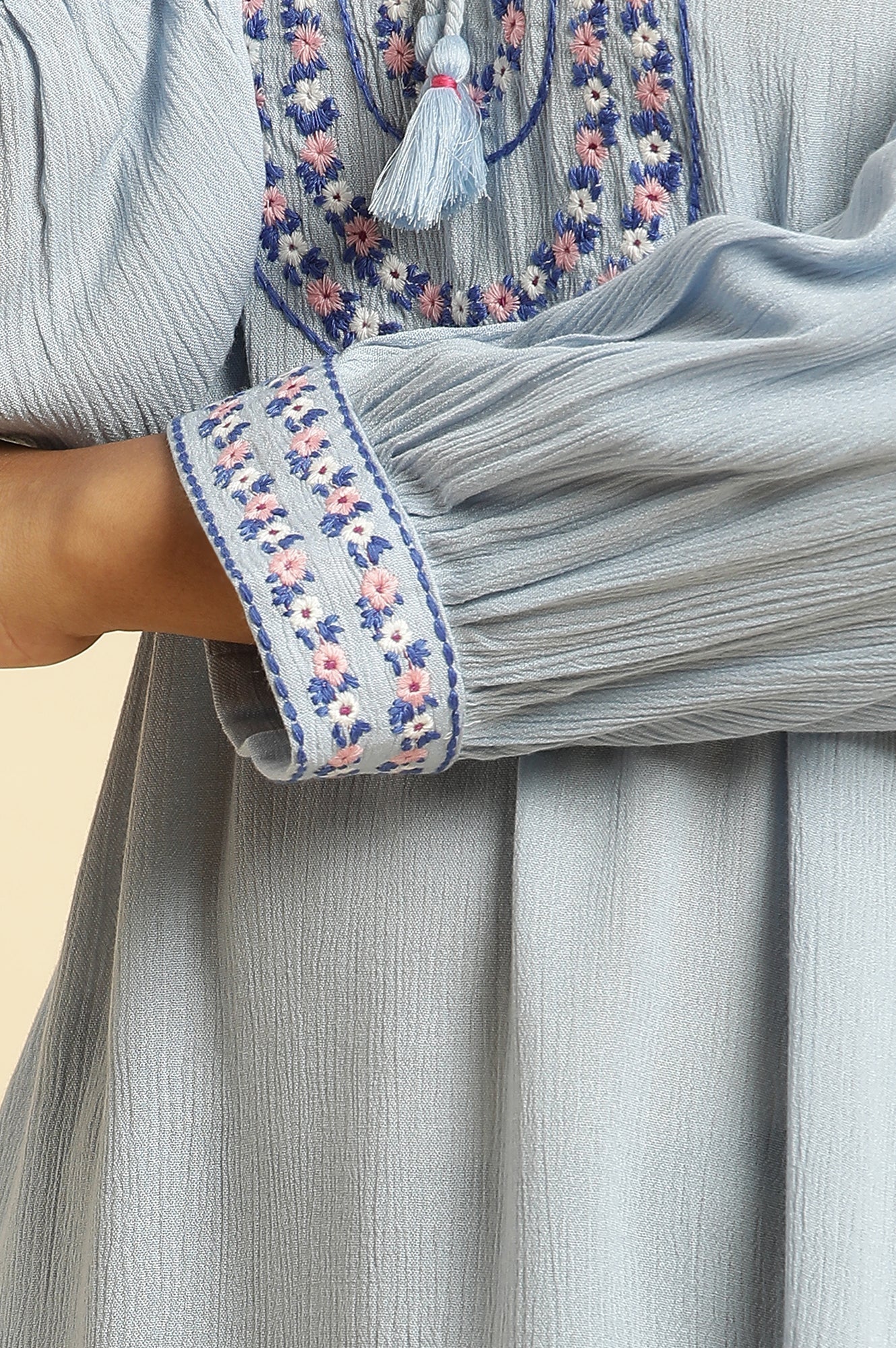 W for Woman Powder Blue Embroidered Yoke Rayon Crepe Straight Top