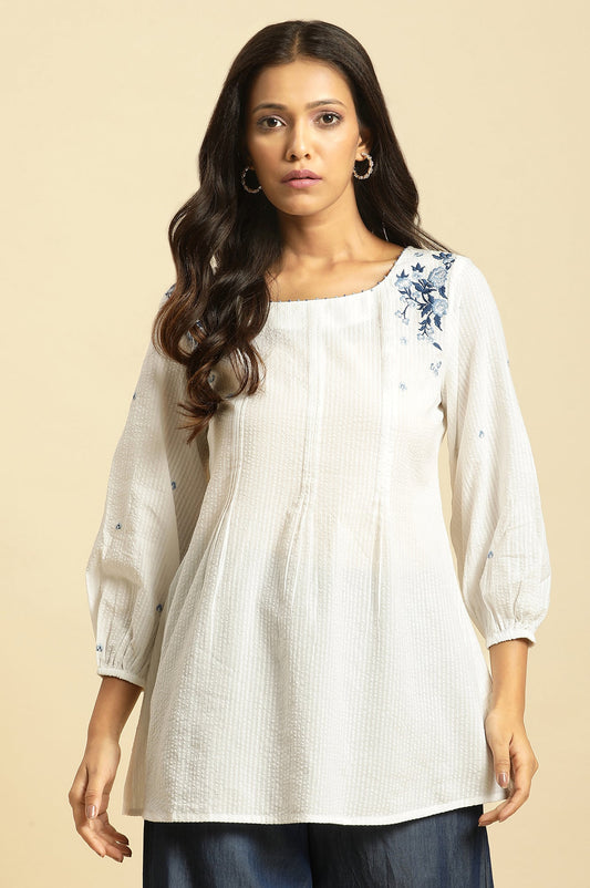 W for Woman White Front Pleated Top With Embroidery
