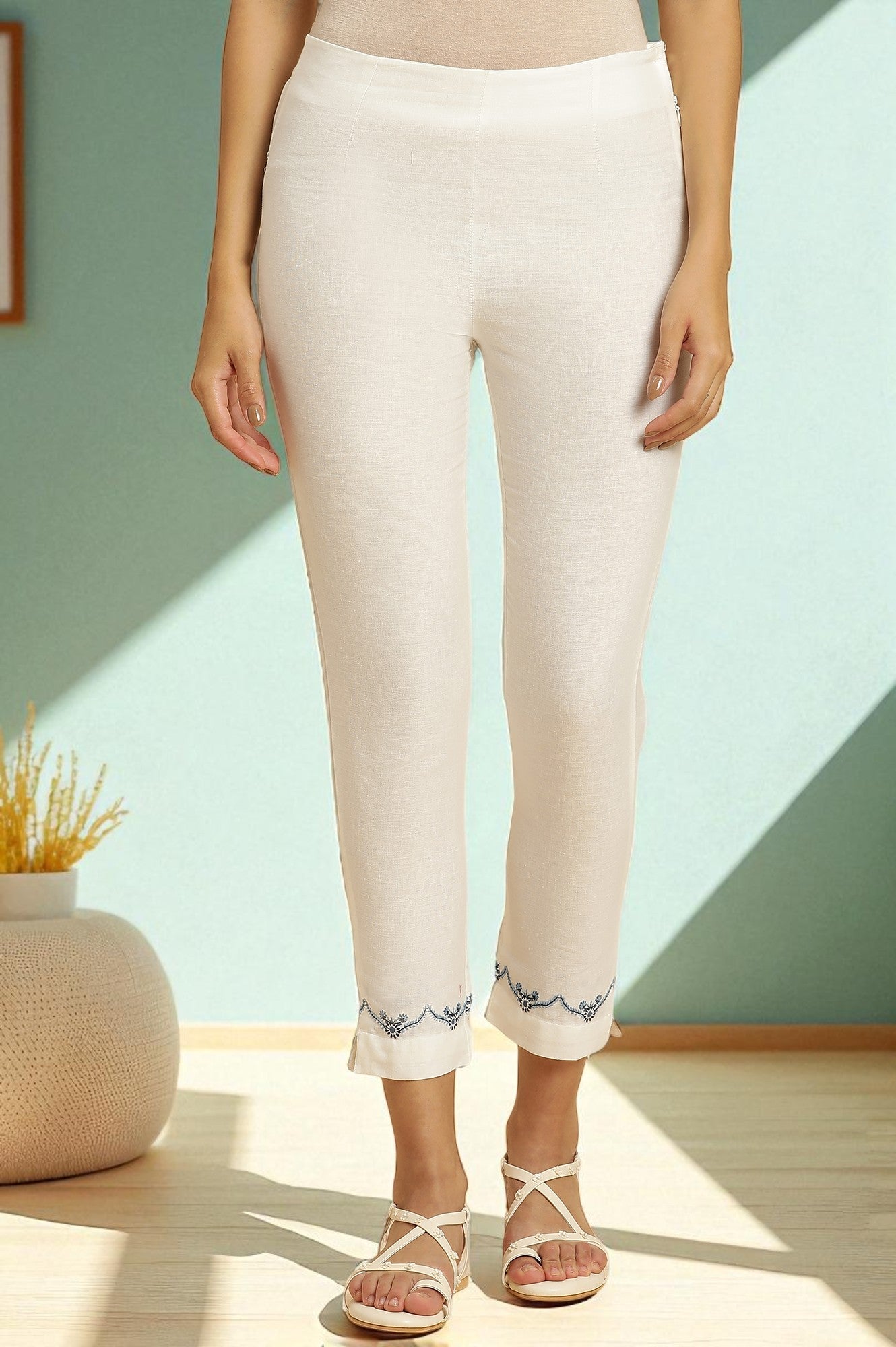 W for Woman White Slim Pants with Embroidered Hemline  Grab2Buy WforWoman Grab2Buy