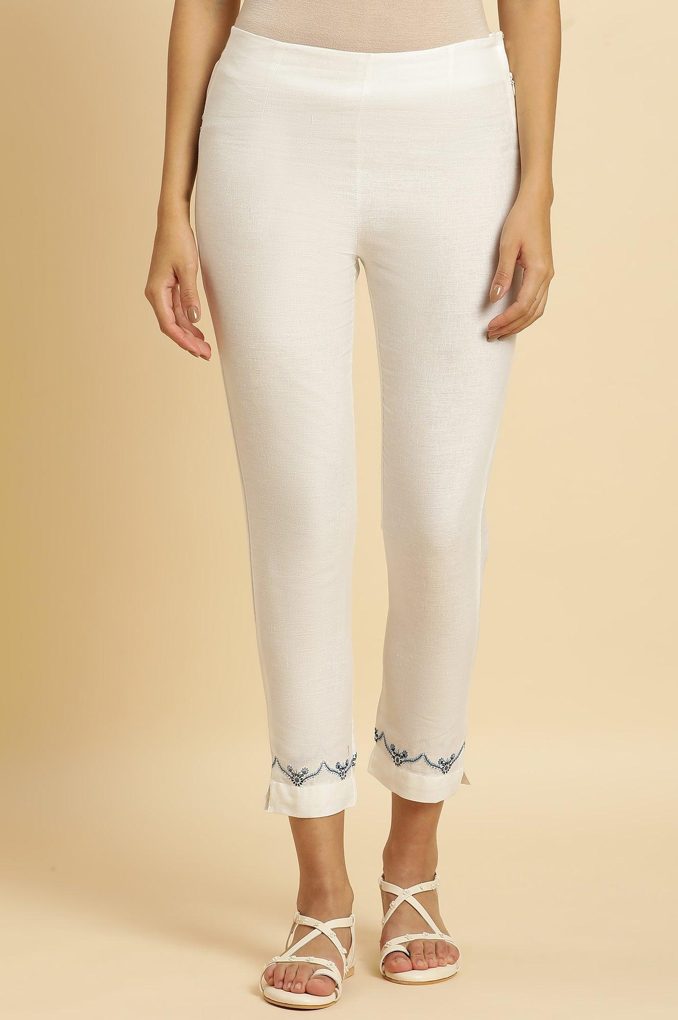 W for Woman White Slim Pants with Embroidered Hemline  Grab2Buy WforWoman Grab2Buy