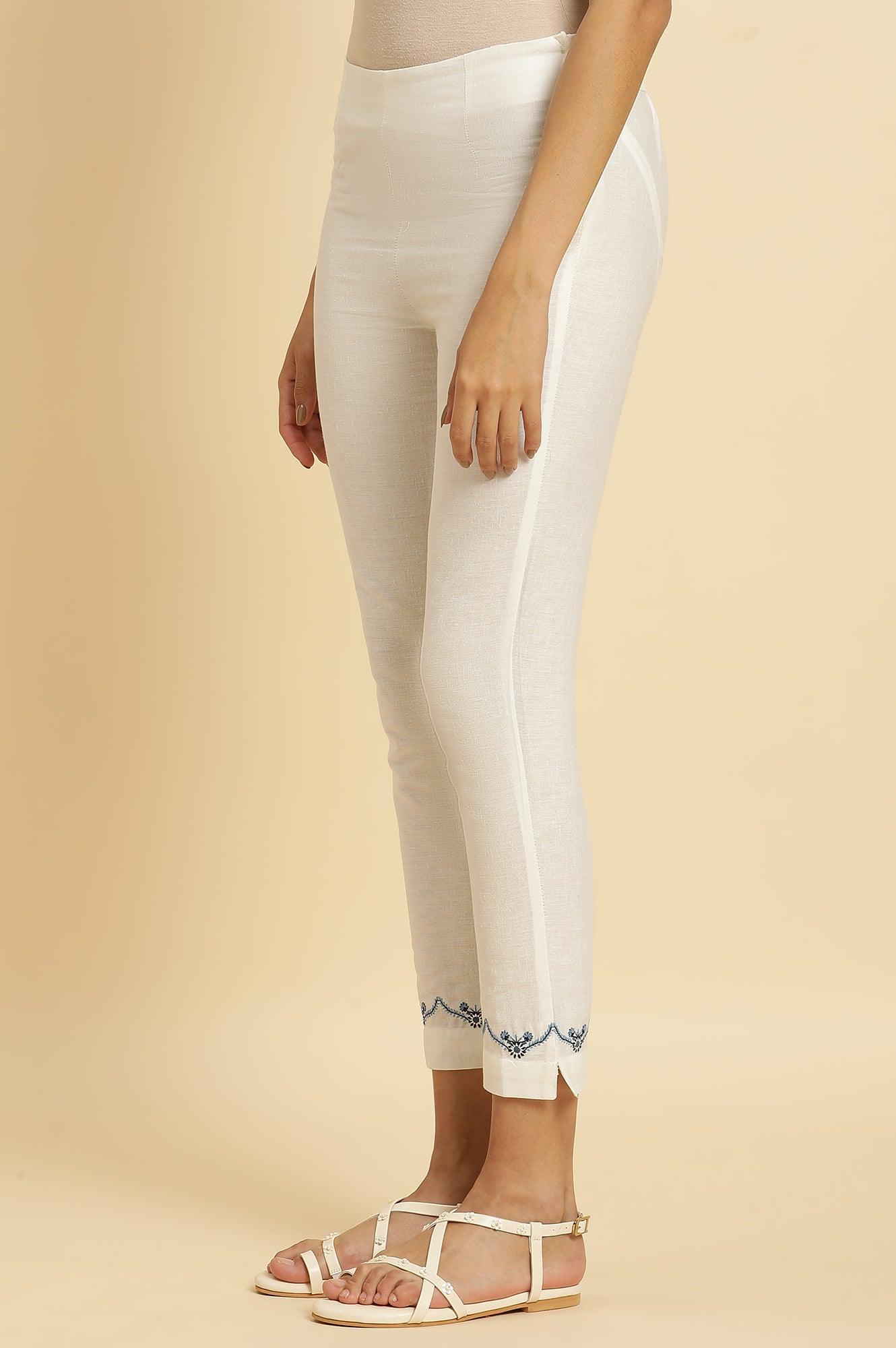 W for Woman White Slim Pants with Embroidered Hemline  Grab2Buy WforWoman Grab2Buy