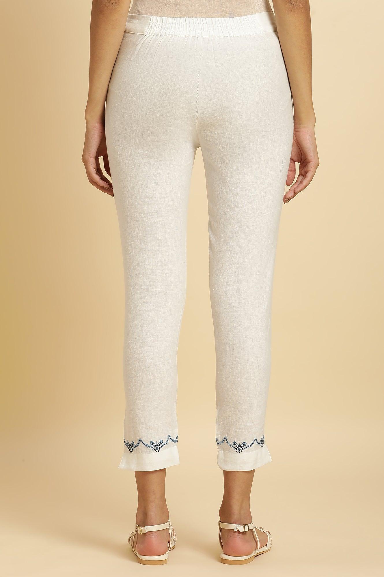 W for Woman White Slim Pants with Embroidered Hemline  Grab2Buy WforWoman Grab2Buy