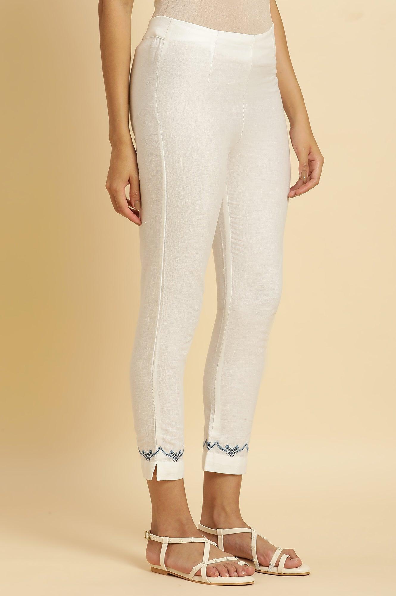 W for Woman White Slim Pants with Embroidered Hemline  Grab2Buy WforWoman Grab2Buy