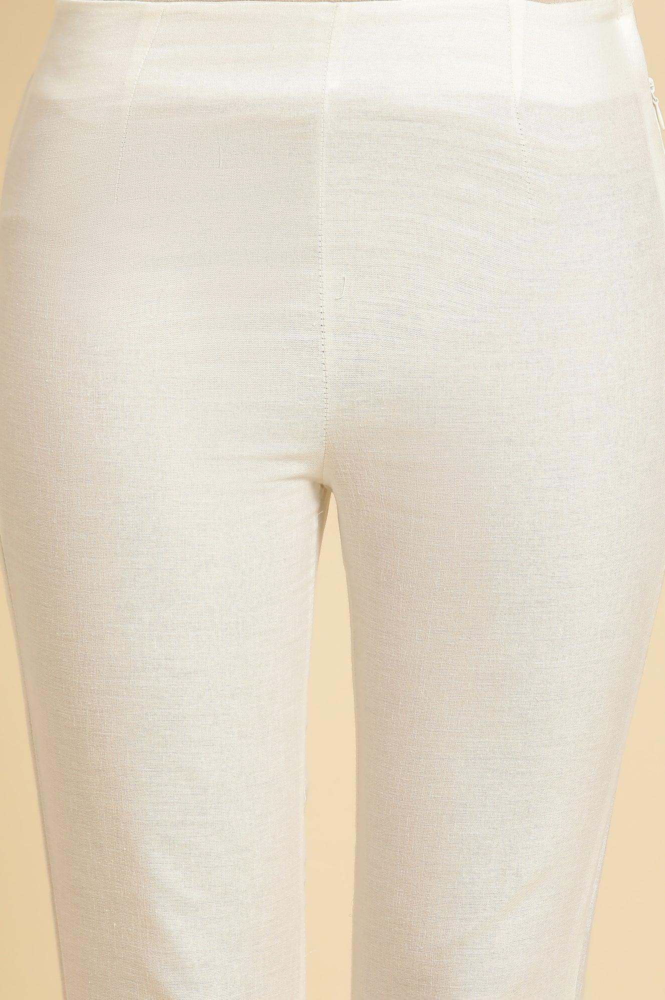 W for Woman White Slim Pants with Embroidered Hemline  Grab2Buy WforWoman Grab2Buy