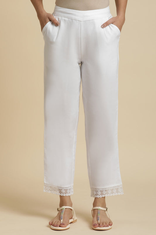 W for Woman Ecru Straight Pants With Lace Hemline