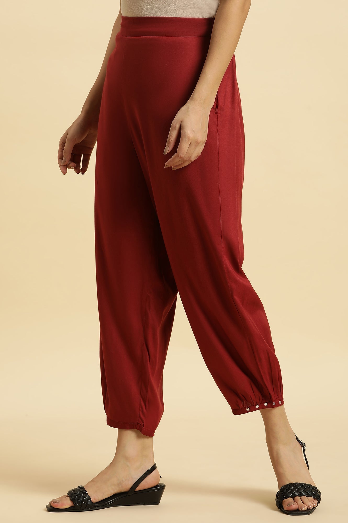 W for Woman Maroon Geometric Printed Flared Kurta with Straight Pant Set