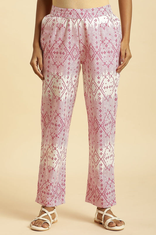 W for Woman White Straight Pants With Pink Geometric Print  Grab2Buy WforWoman Grab2Buy